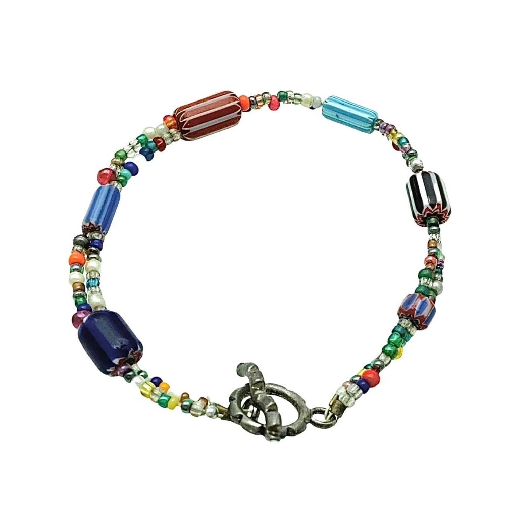 African Trade Beads Bracelet 8" Multicolor Glass Ethnic Tribal Jewelry Vintage